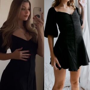 Zara Size S Sweetheart Neckline Puff Sleeve Linen Black Mini Dress 4661/308